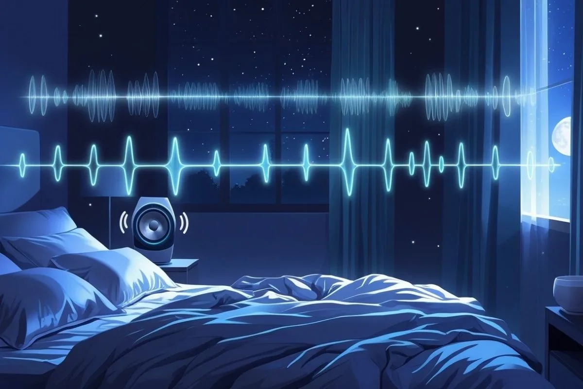 Bedroom speaker emitting sound wave frequencies during the night, showing how sleep frequency tracks are commonly used in sleep routines.