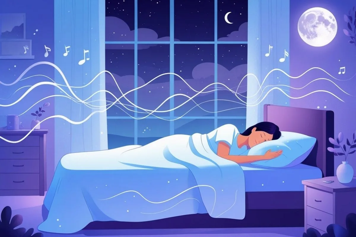 Illustration of a person sleeping while calming sound frequencies flow through the room, representing how sleep frequencies may promote relaxation and better sleep.