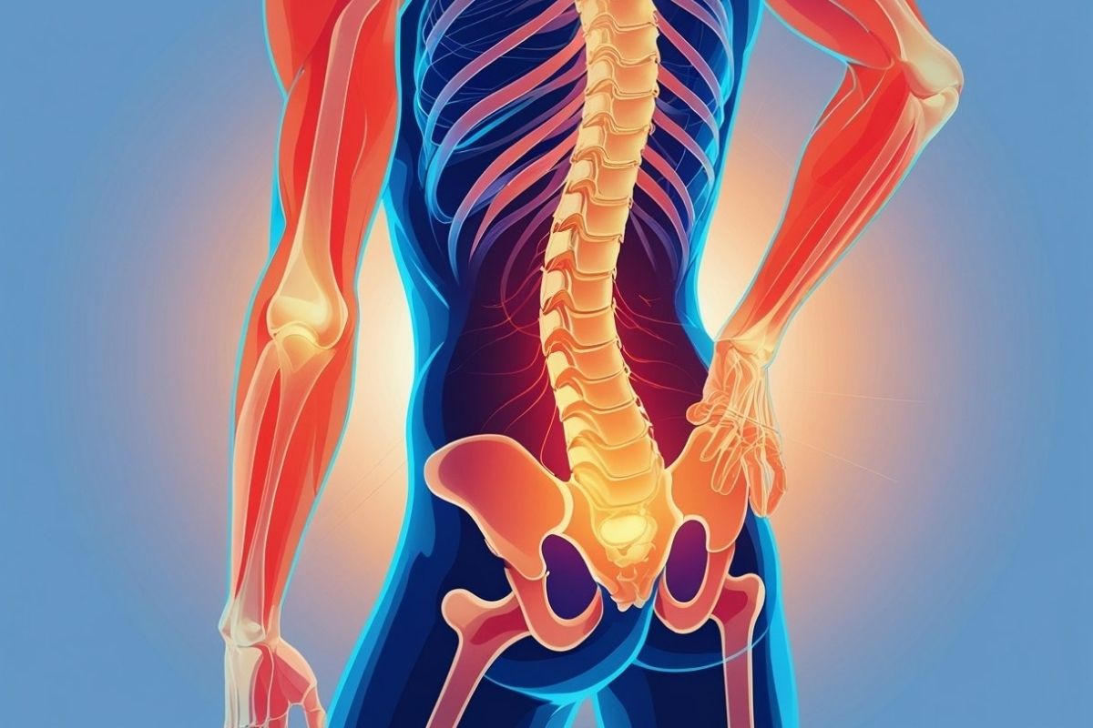 Anatomical illustration of the lower back, spine, and pelvis highlighting the area commonly affected by sciatica nerve pain