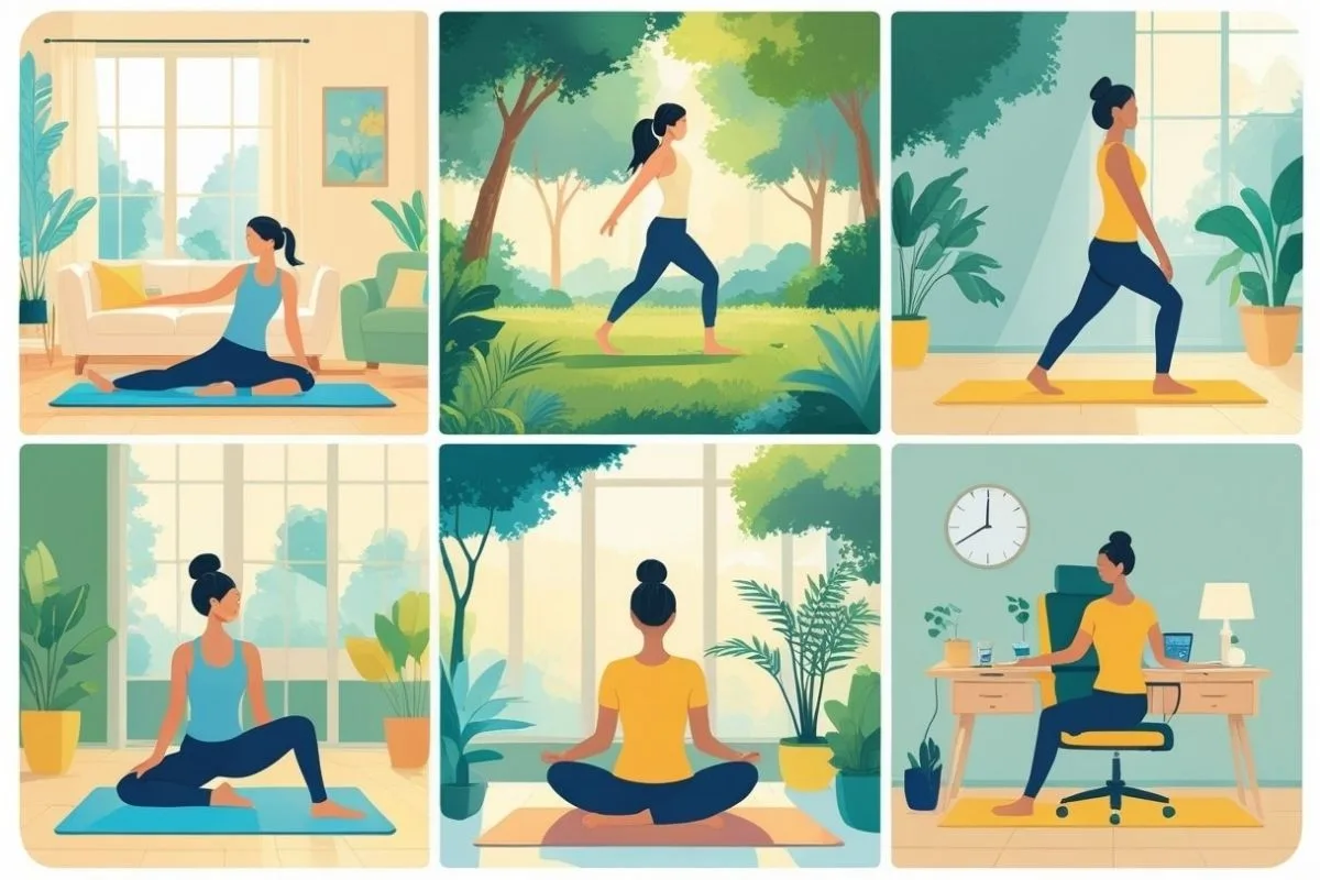 Collection of gentle stretching, yoga, and mobility exercises that can support sciatica pain management and better sleep