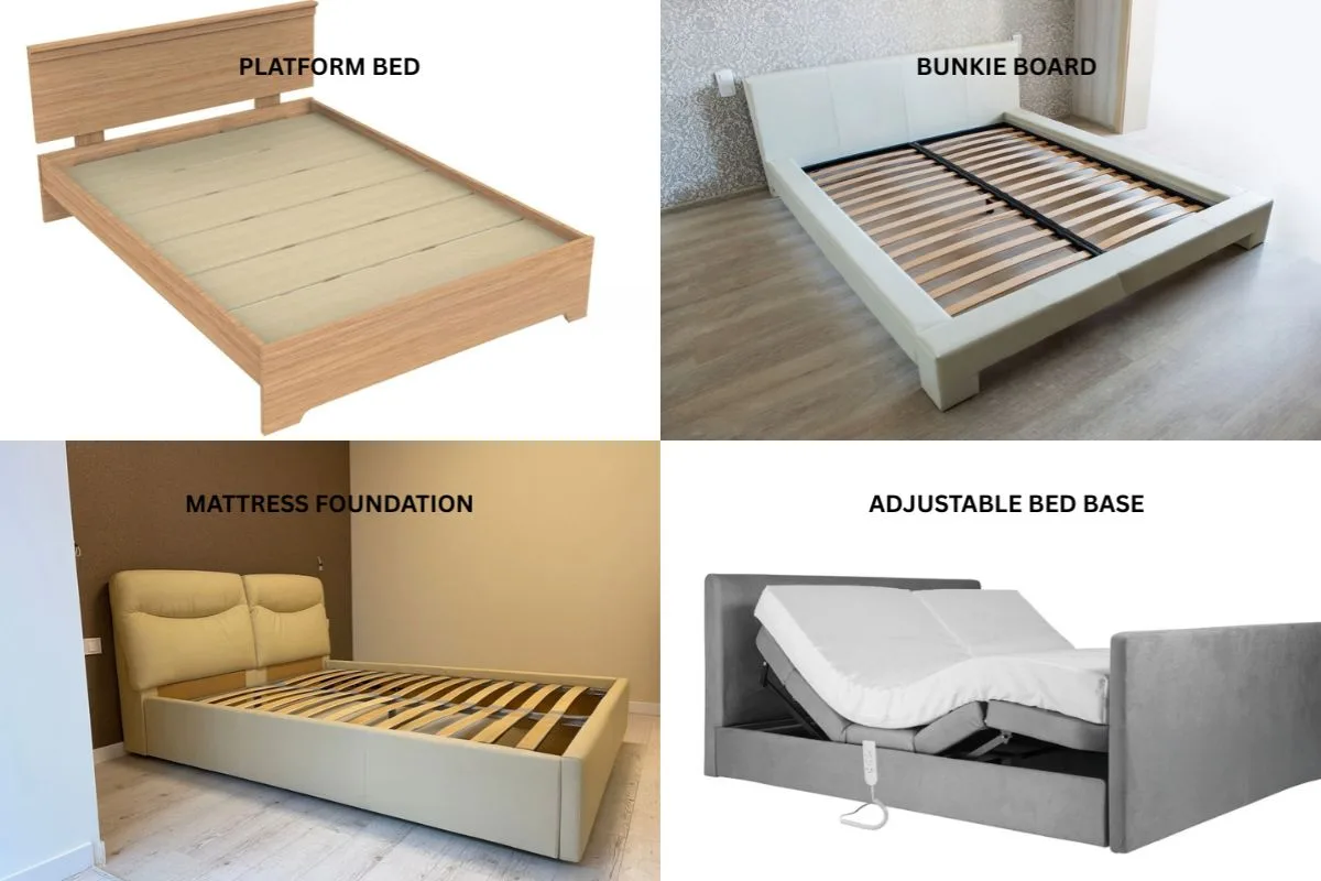 Does a Hybrid Mattress Need a Box Spring? Comparison of platform bed, bunkie board, mattress foundation, and adjustable base options suitable for supporting a hybrid mattress without a box spring