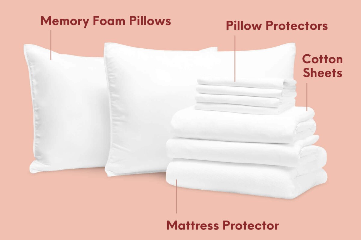 Memory foam pillows, pillow protectors, cotton sheets and mattress protector.