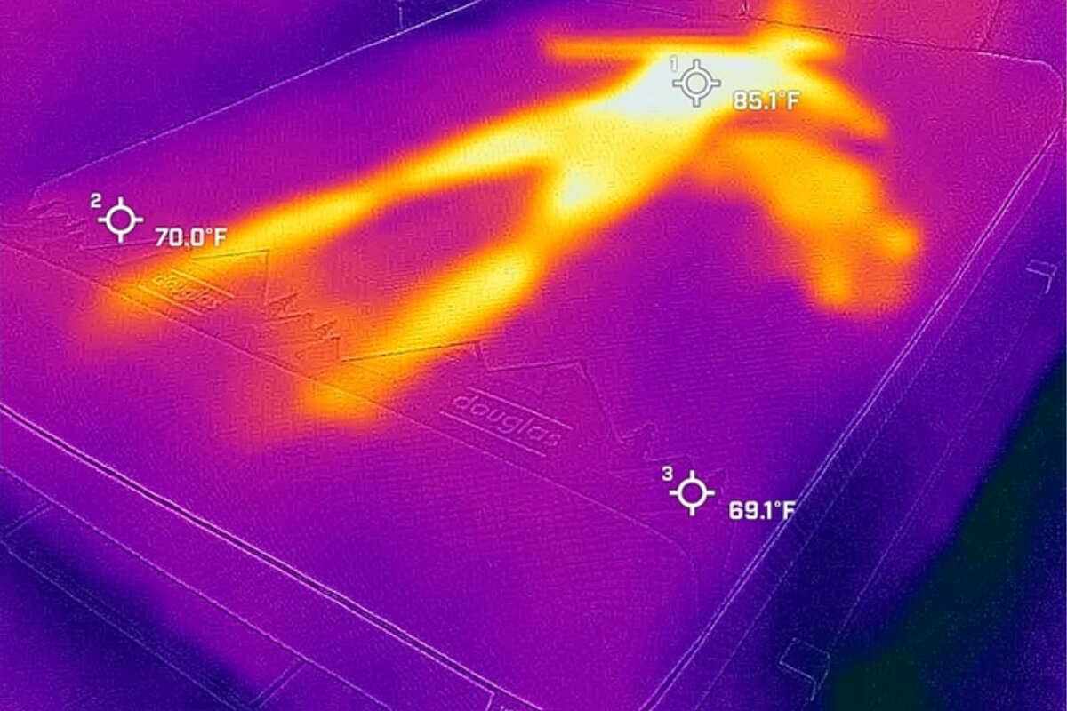 A heat image of a person lying down on a bed, very visible.
