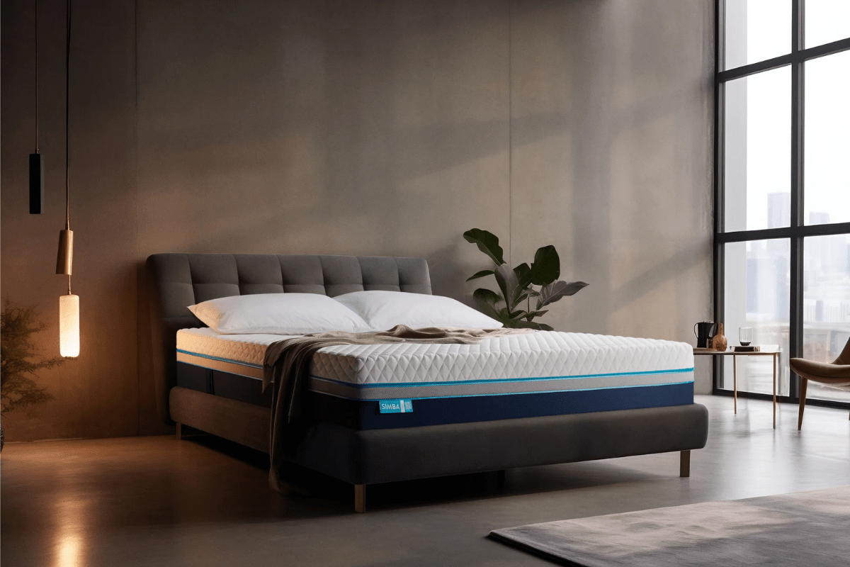 simba hybrid luxe mattress on modern upholstered bed frame in stylish bedroom as alternative to emma elite mattress to consider
