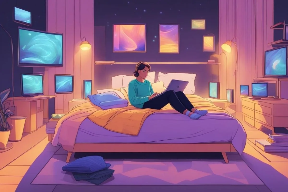 How Does Social Media Affect Sleep? Impacts and Solutions Individual using a laptop in bed surrounded by screens, representing excessive nighttime technology use and its impact on sleep quality