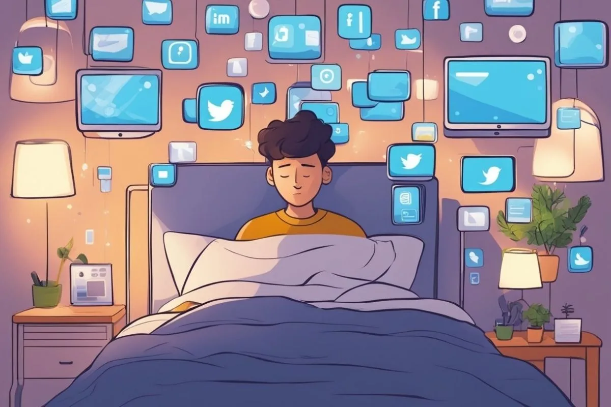 How Does Social Media Affect Sleep? Impacts and Solutions Sleeper surrounded by social media and digital notifications, demonstrating how online activity can contribute to mental overstimulation before bed