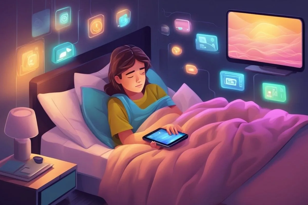 How Does Social Media Affect Sleep? Impacts and Solutions Person using a tablet in bed at night, showing how screen exposure and social media use can disrupt healthy sleep routines