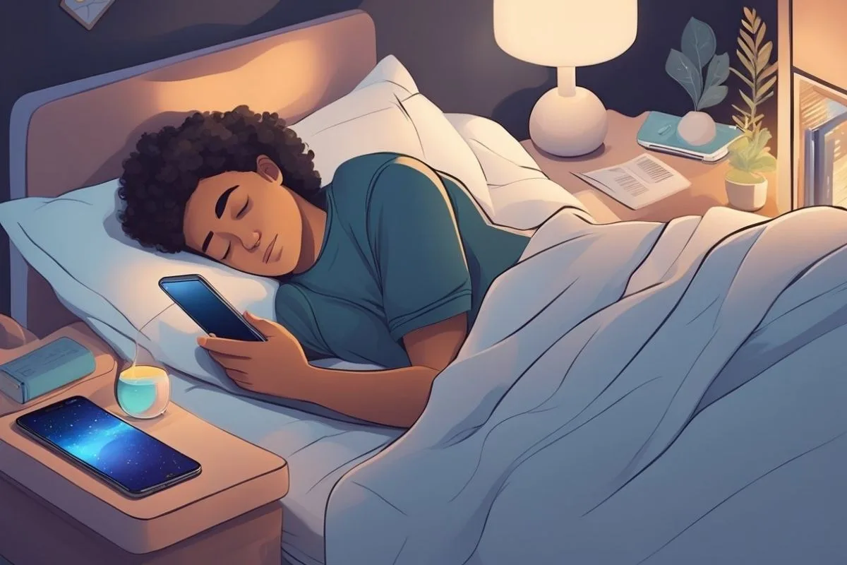 How Does Social Media Affect Sleep? Impacts and Solutions Individual asleep while holding a smartphone, illustrating the connection between bedtime device use and poor sleep hygiene