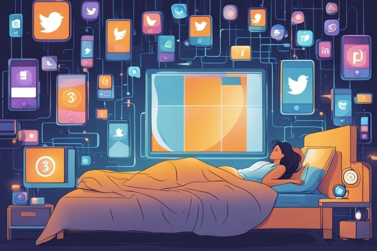 How Does Social Media Affect Sleep? Impacts and Solutions Bedroom filled with social media icons and connected devices, representing the influence of digital technology on sleep and circadian rhythms