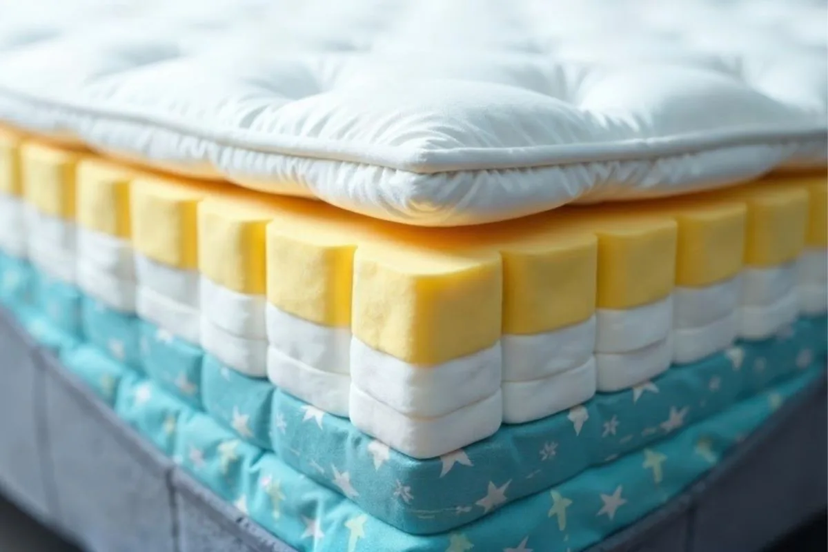 How Long Do Hybrid Mattresses Last? Close-up of hybrid mattress layers featuring foam and support components, showing the materials that influence mattress durability and lifespan
