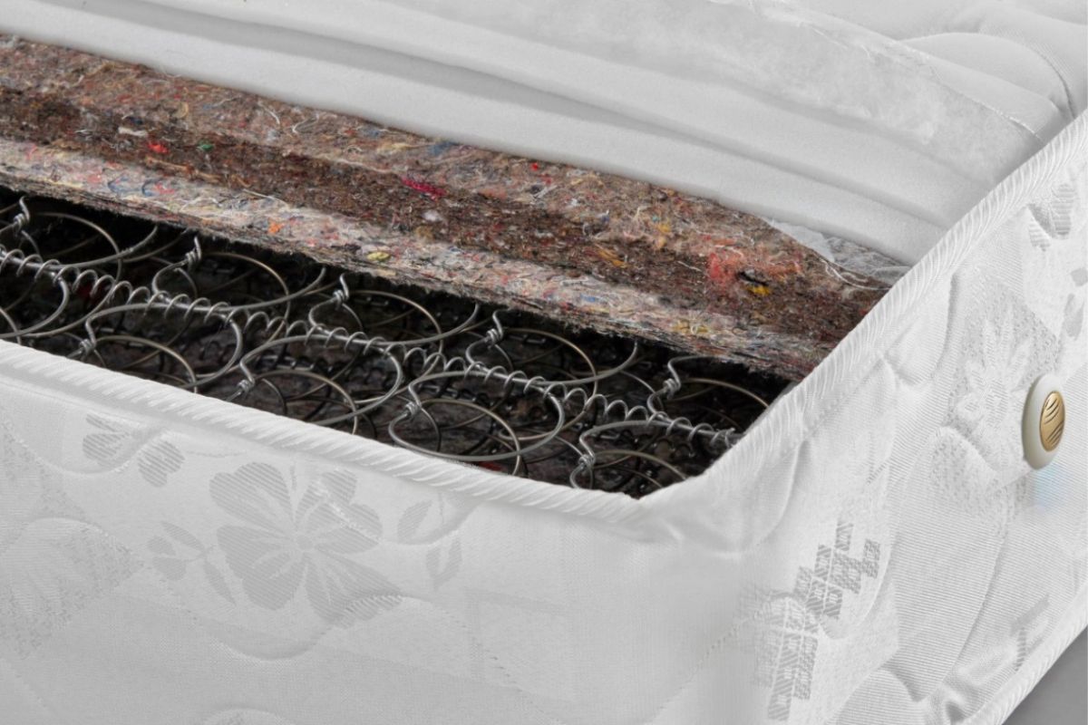 Cutaway view of an innerspring mattress showing steel coil layers and support materials that affect how long the mattress can maintain its performance.
