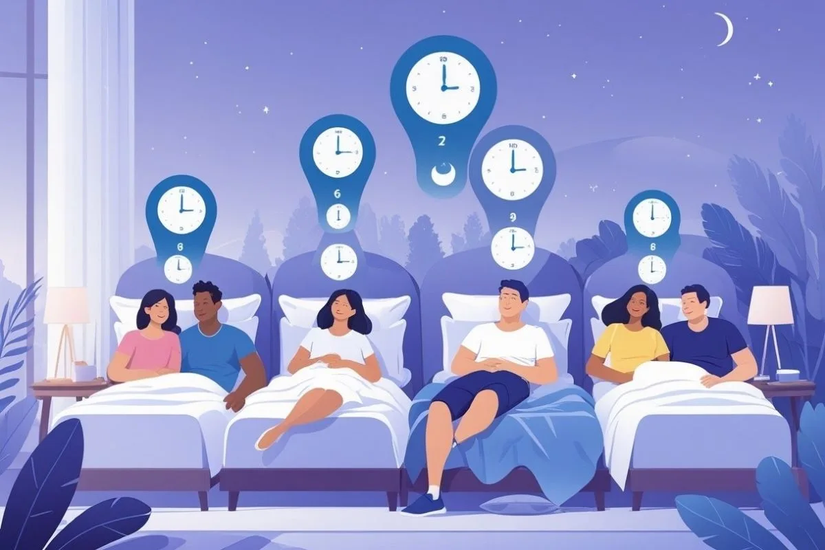 How Much Sleep Do I Need? Expert-Recommended Hours by Age Illustration comparing sleep schedules with different clock times, showing how sleep needs can vary between individuals