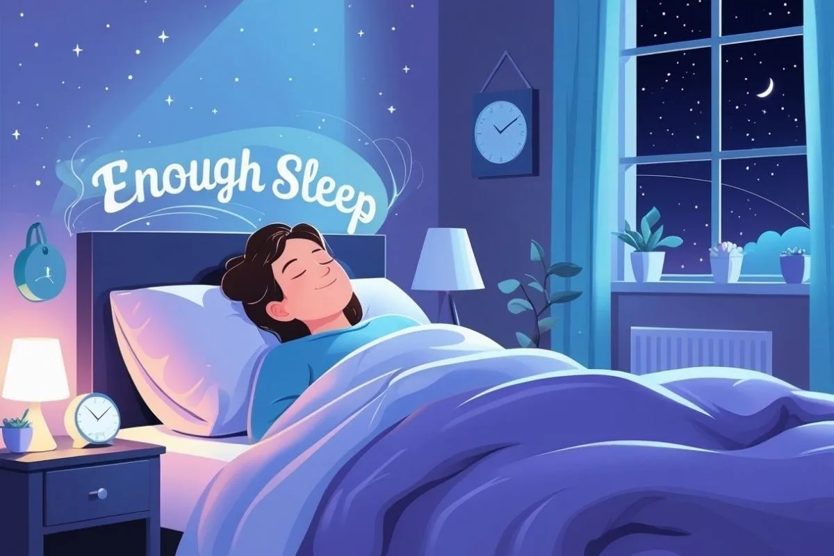How Much Sleep Do I Need? Expert-Recommended Hours by Age Person sleeping soundly in bed with “Enough Sleep” displayed above, representing the benefits of meeting recommended sleep hours
