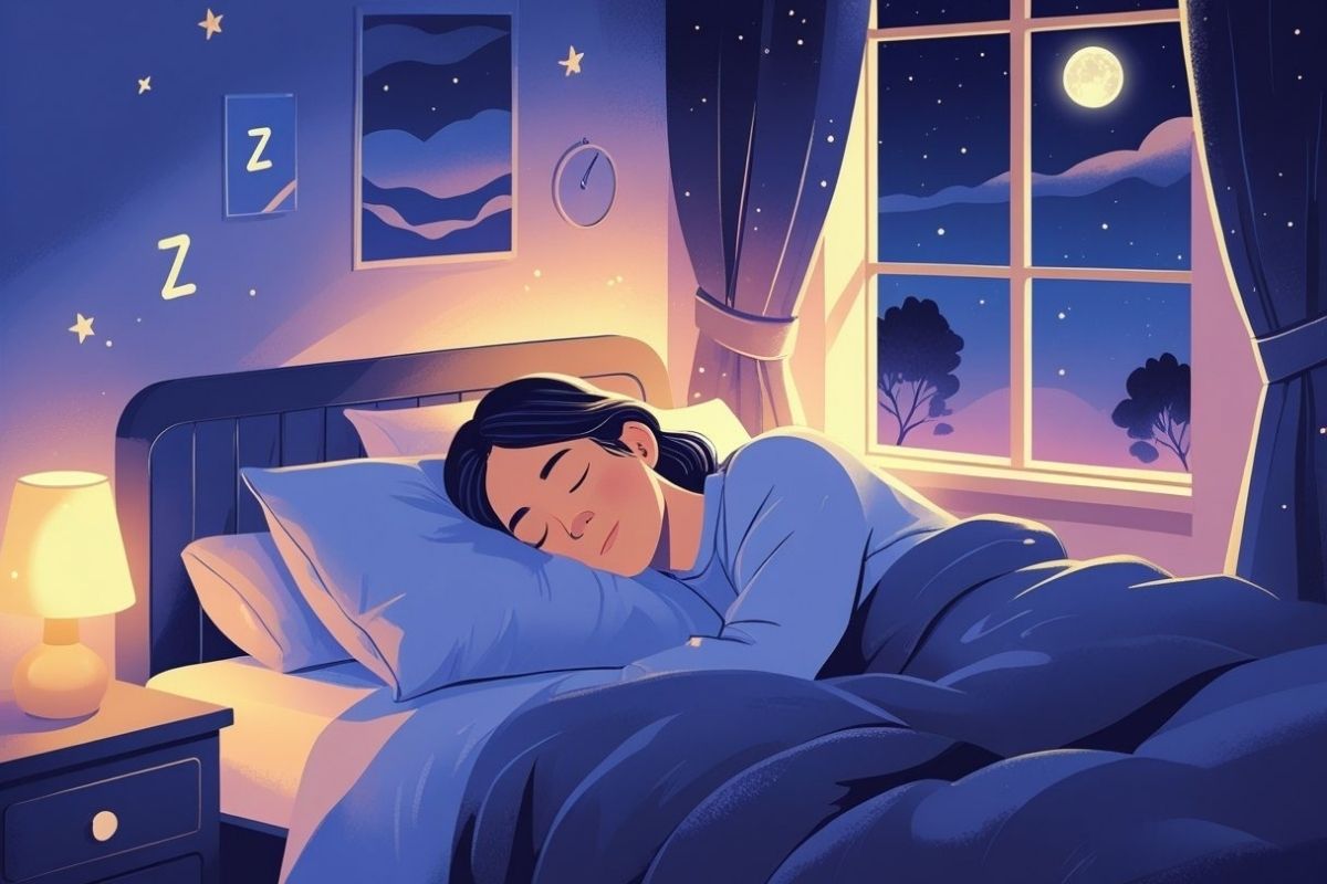 Person sleeping peacefully in bed at night, illustrating healthy sleep habits and the importance of getting enough sleep