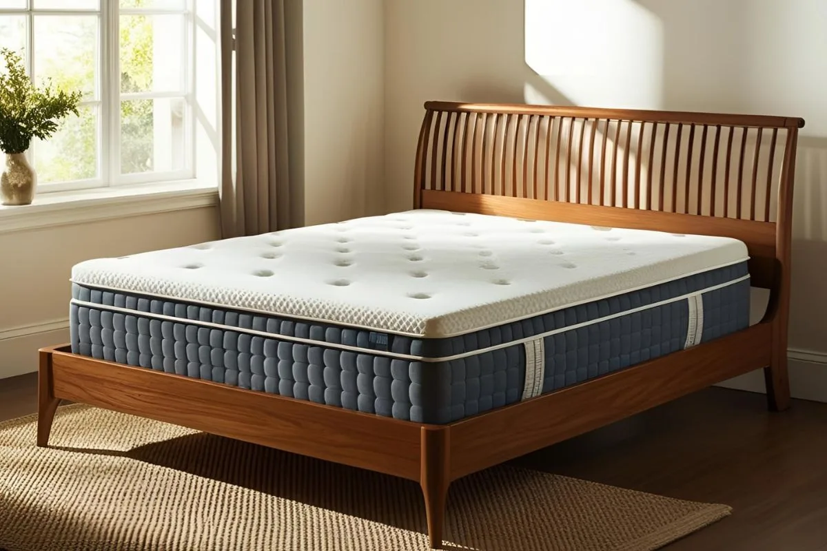 Memory foam mattress on a bed frame, showing a well-maintained mattress setup that benefits from regular rotation to prevent uneven wear