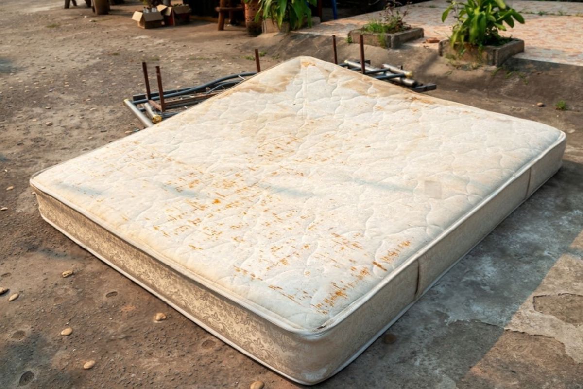 Old stained mattress placed outdoors for disposal, illustrating when it may be time to replace and properly dispose of a worn memory foam mattress