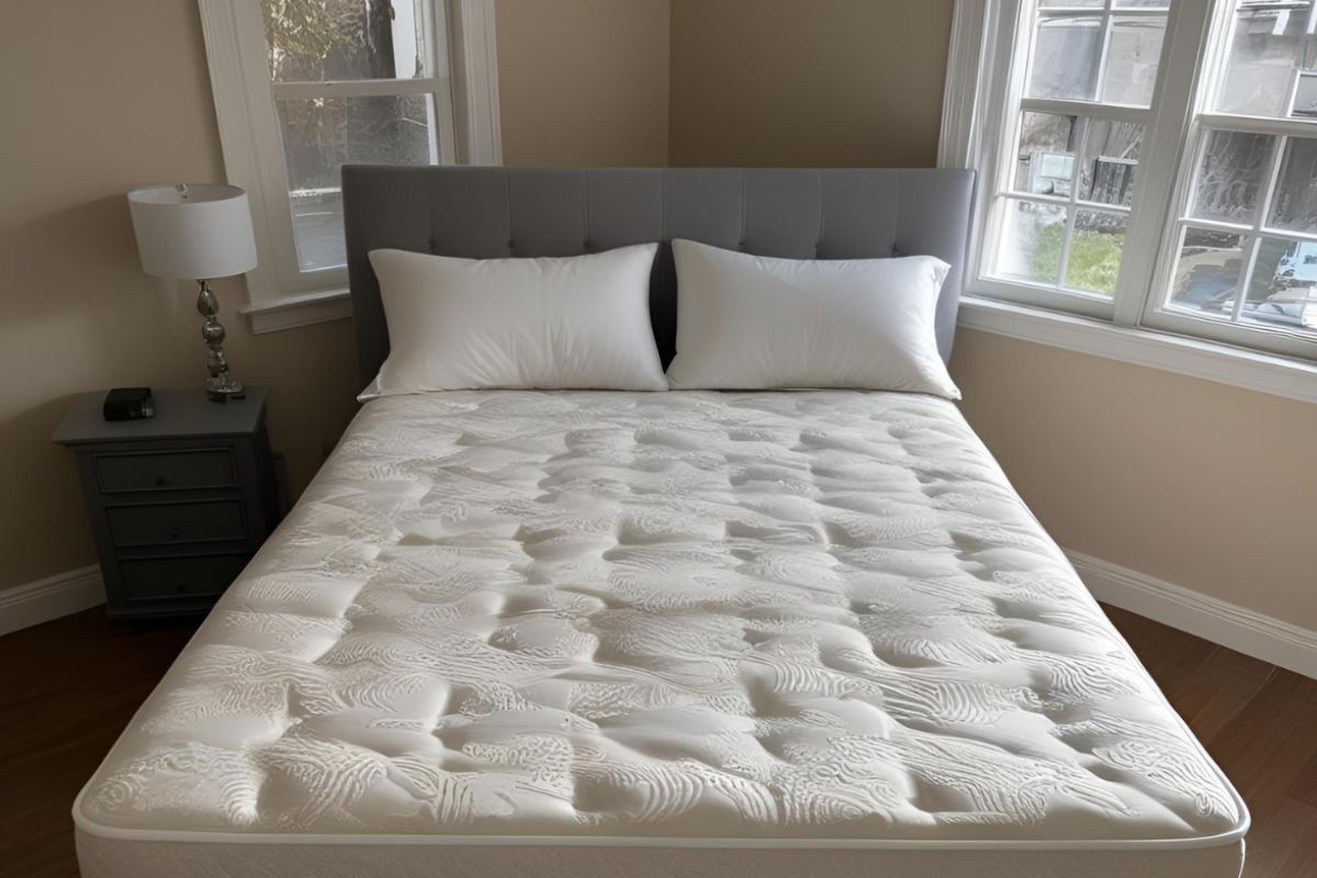 Memory foam mattress with visible body impressions and sagging areas, illustrating a mattress dip that can affect comfort and support