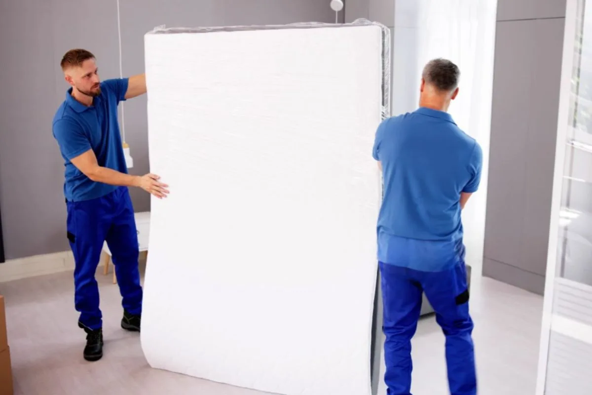 Professional movers transporting a hybrid mattress in an upright position to make moving through doorways and tight spaces easier.