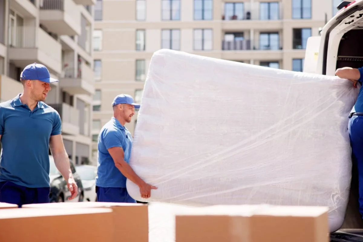 Moving crew loading a wrapped hybrid mattress into a moving vehicle, illustrating safe transportation and protection during relocation.
