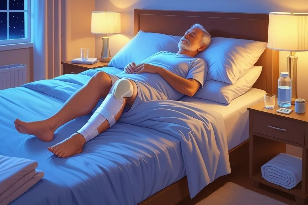 How to Sleep After Knee Replacement: Best Positions & Tips Older adult sleeping comfortably with a supported knee after knee replacement, illustrating proper nighttime positioning during recovery