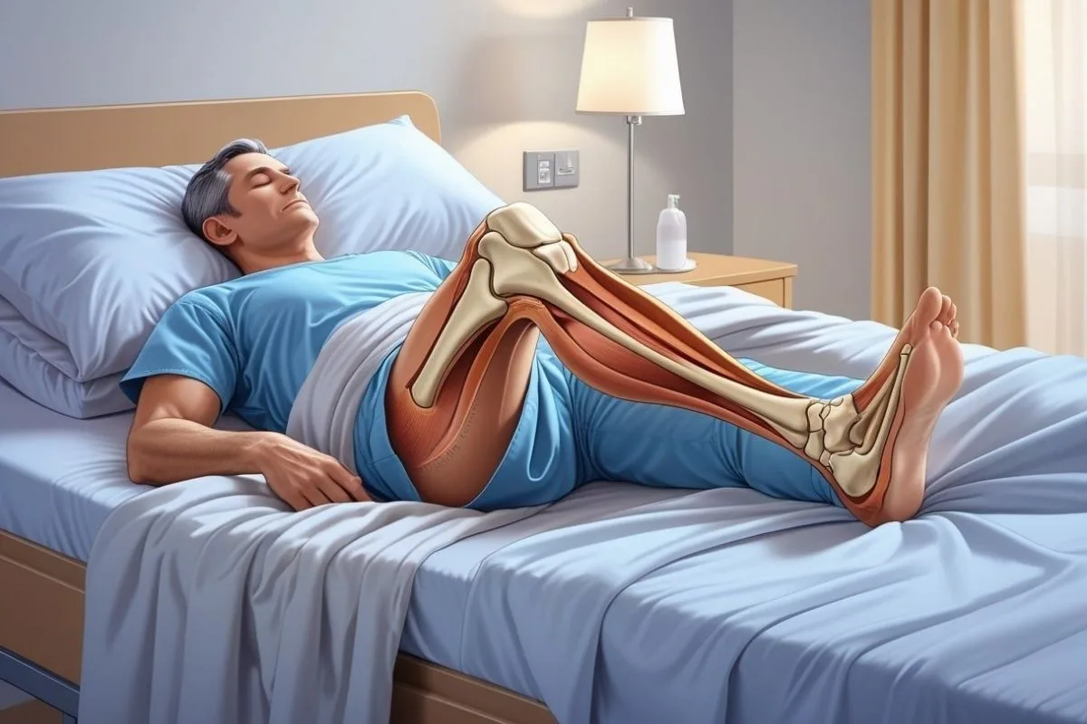 How to Sleep After Knee Replacement: Best Positions & Tips Person lying on their back with the surgical knee slightly bent and supported, showing how alignment can help reduce pressure after knee replacement surgery