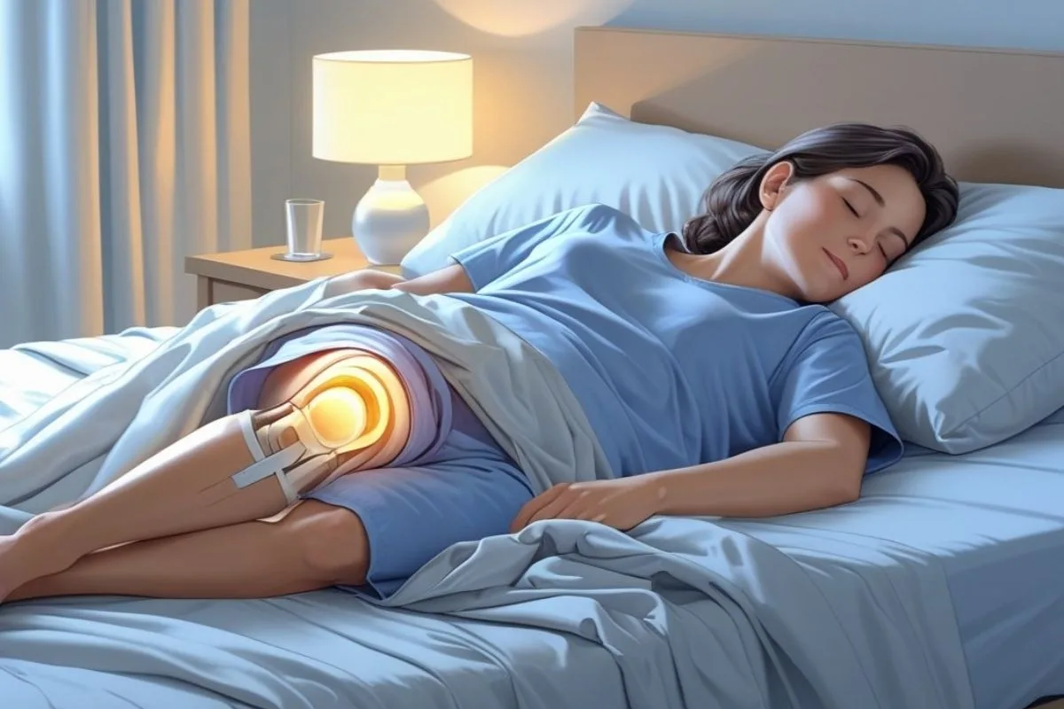 How to Sleep After Knee Replacement: Best Positions & Tips Sleeper resting with a healing knee supported during the night, highlighting strategies for managing pain and improving sleep after knee replacement