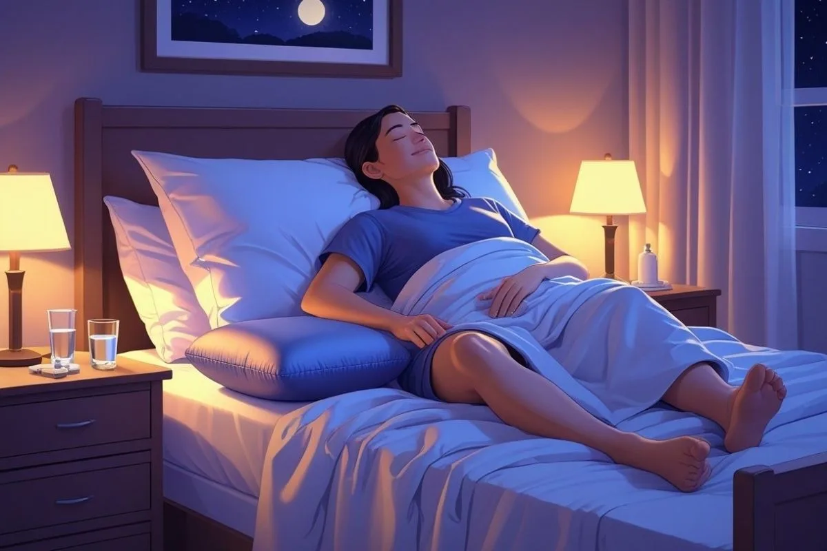 How to Sleep After Knee Replacement: Best Positions & Tips Person sleeping on their back with a pillow supporting the operated leg, demonstrating a common recommendation for sleeping after knee replacement surgery