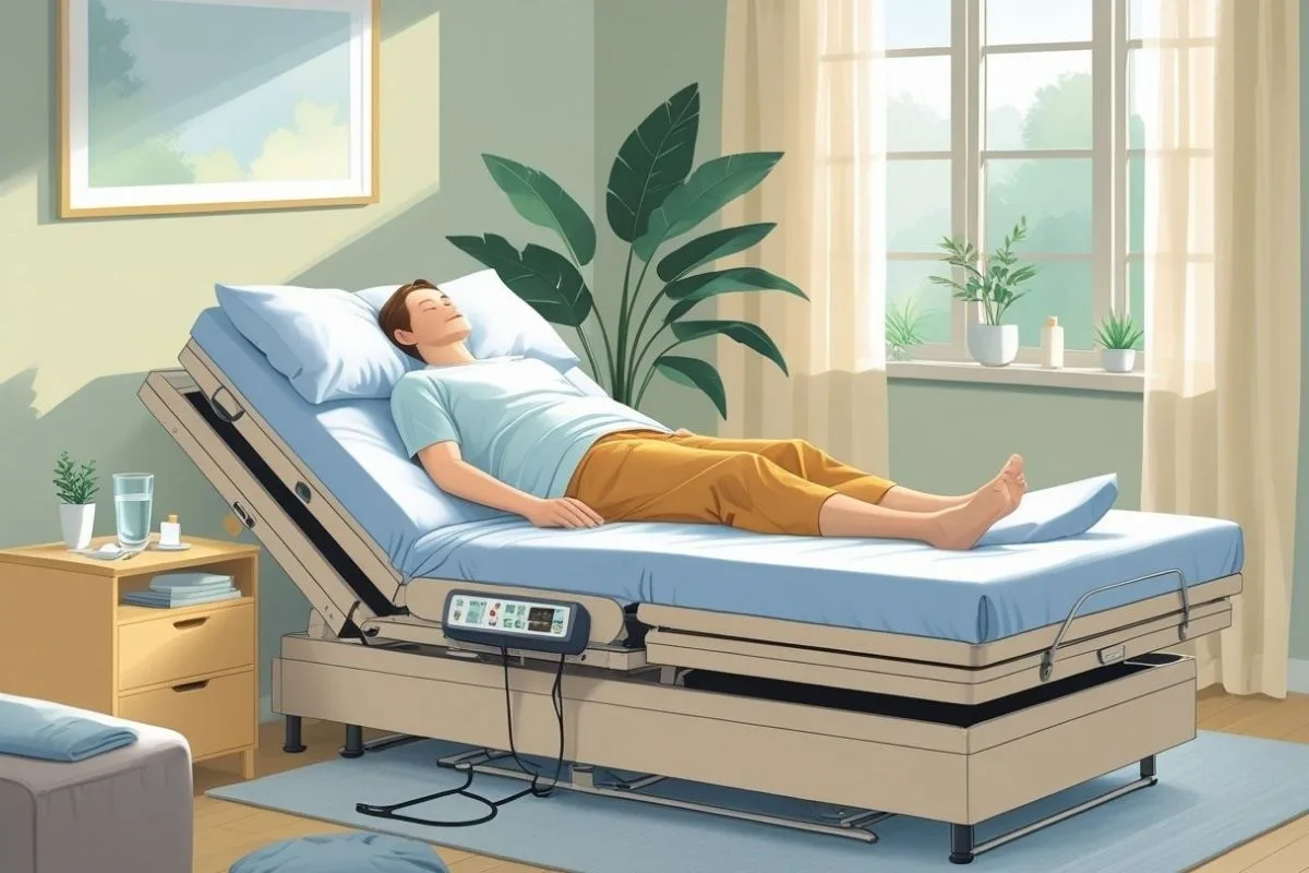 How to Sleep After Knee Replacement: Best Positions & Tips Patient resting on an adjustable bed with the upper body and legs elevated, illustrating how adjustable bases can improve comfort after knee replacement