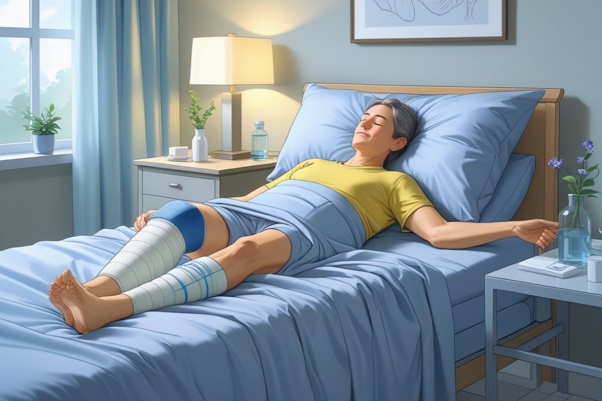 Person resting on their back with an elevated leg after knee replacement surgery, demonstrating a recommended sleeping position to reduce swelling and improve comfort