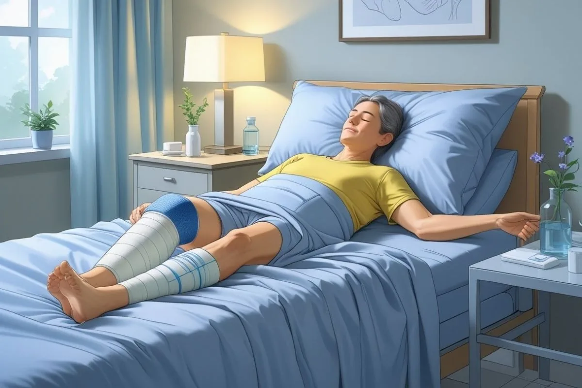 Person resting on their back with an elevated leg after knee replacement surgery, demonstrating a recommended sleeping position to reduce swelling and improve comfort
