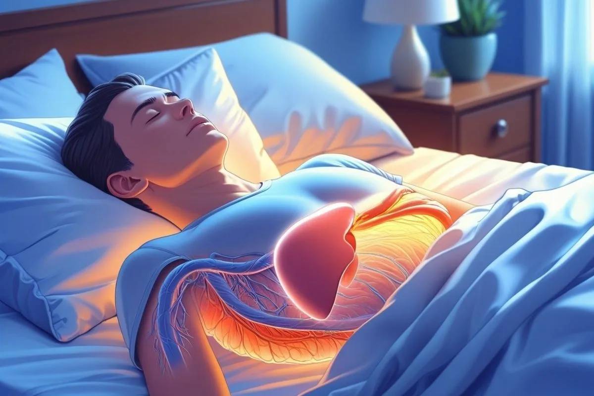 Illustration of a sleeper with the digestive system highlighted, showing how lying flat can contribute to acid reflux during sleep