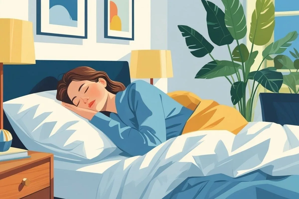 Sleeper positioned on her side in bed, demonstrating a sleep posture that may help keep stomach acid from traveling into the esophagus