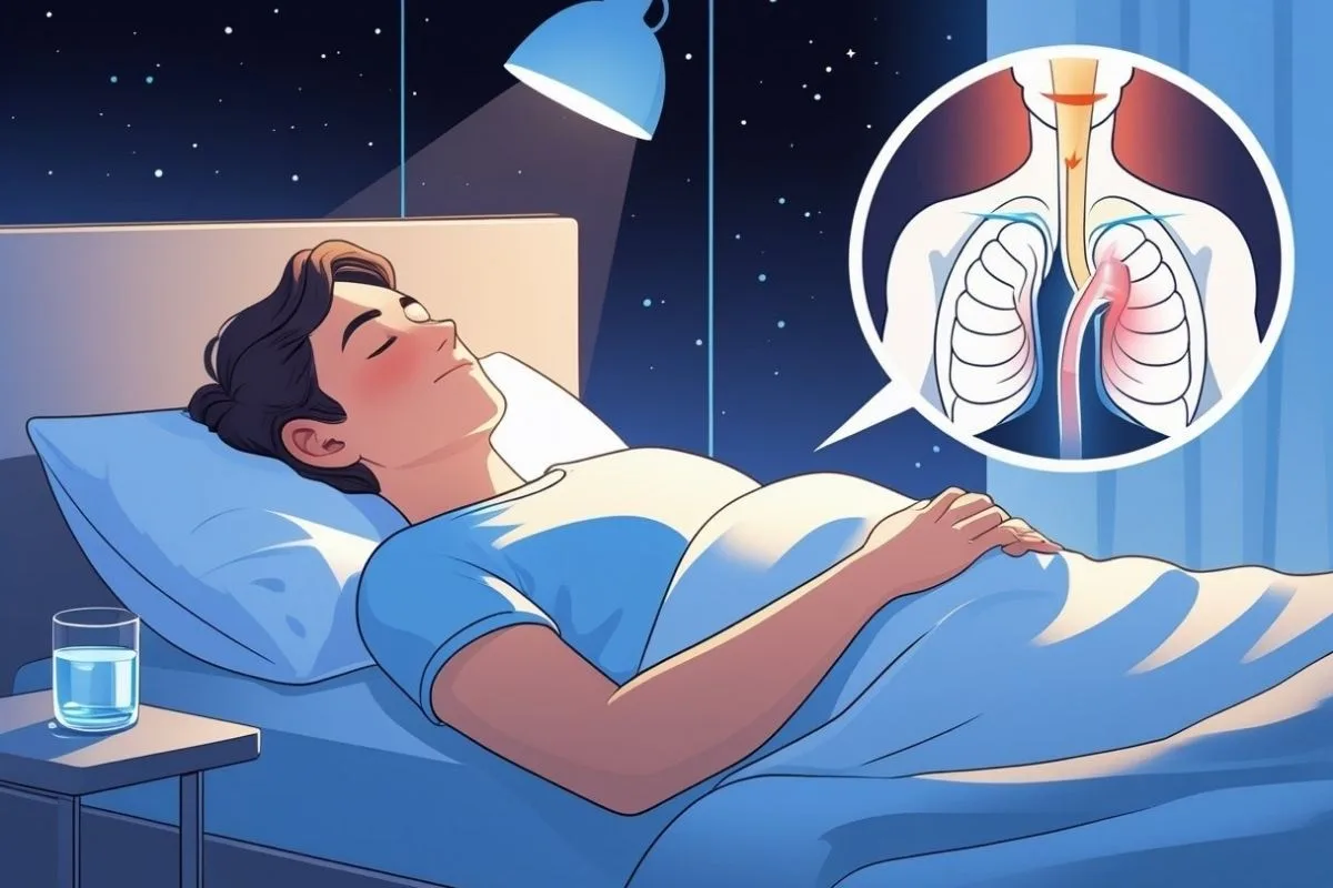 Back sleeper with an illustration of the esophagus and stomach, explaining how sleeping position affects acid reflux during the night