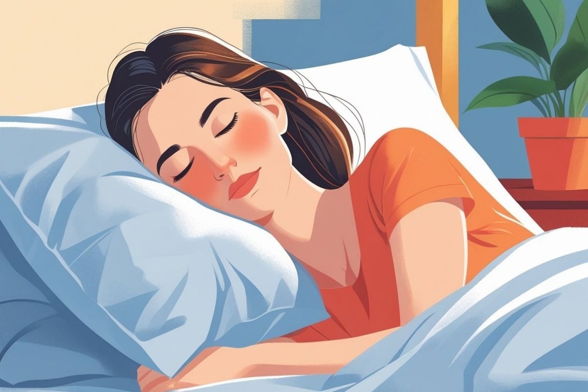 Side sleeper resting comfortably on a pillow, demonstrating a recommended sleeping position that may help reduce nighttime acid reflux symptoms