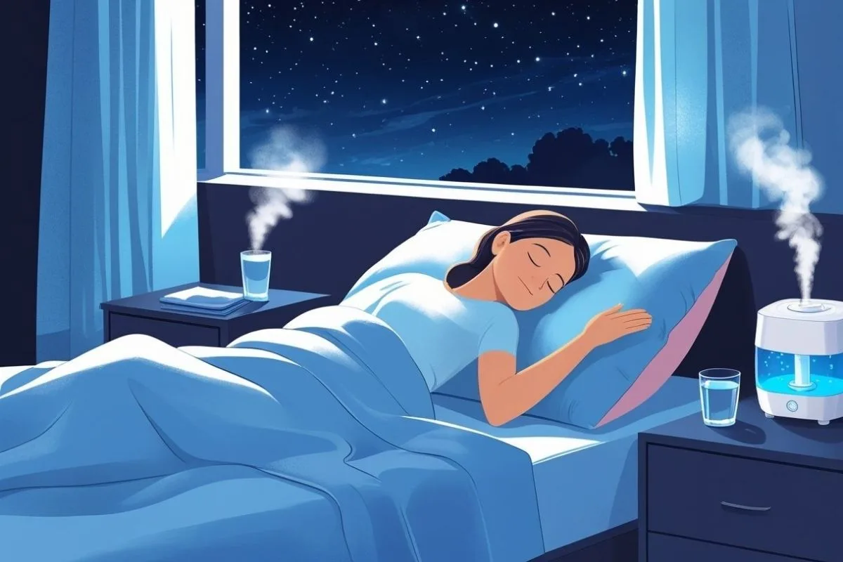 How to Sleep with Post Nasal Drip: Effective Tips for Restful Nights Bedroom setup with a humidifier and water by the bedside, showing practical tools that may help relieve post nasal drip while sleeping.