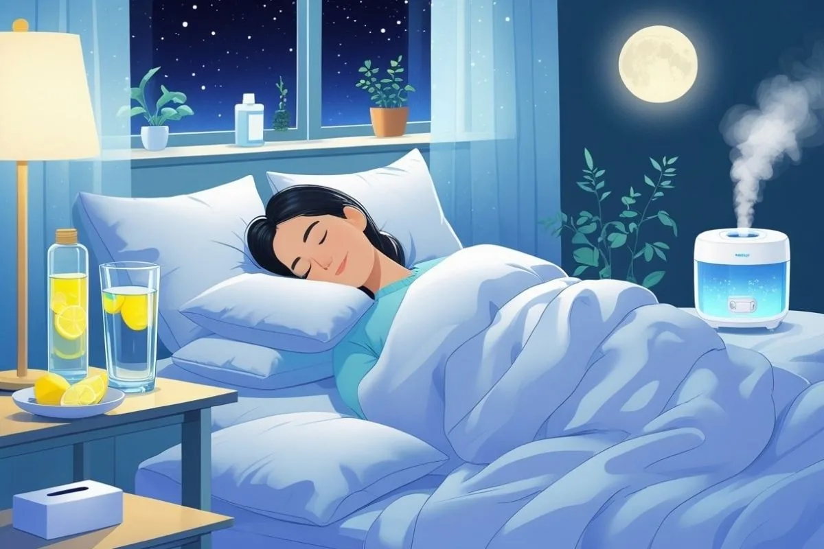 How to Sleep with Post Nasal Drip: Effective Tips for Restful Nights Sleeper resting beside water and a humidifier, highlighting hydration and moisture as helpful strategies for sleeping with post nasal drip.