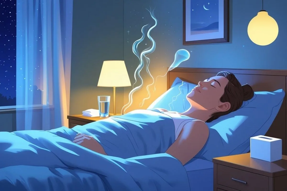 How to Sleep with Post Nasal Drip: Effective Tips for Restful Nights Illustration of a sleeper benefiting from warm, moist air, demonstrating how humidity may help soothe irritated nasal passages before bed.