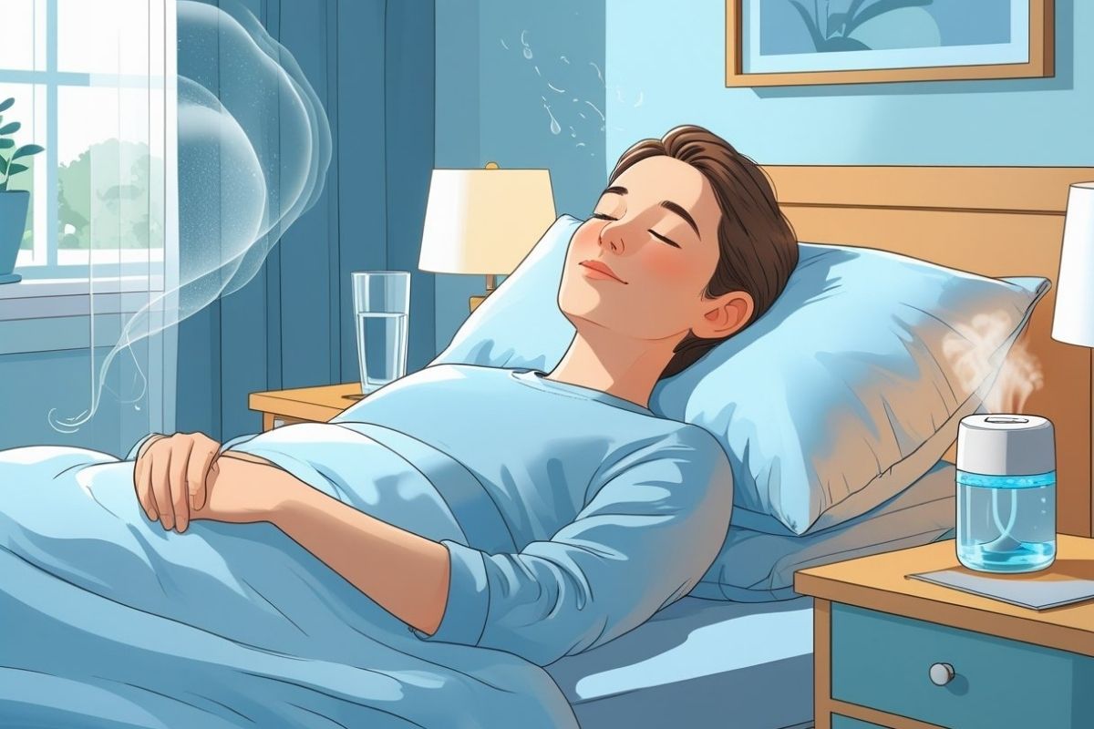 Person sleeping comfortably with a bedside humidifier, illustrating a common way to ease post nasal drip symptoms and improve sleep quality.