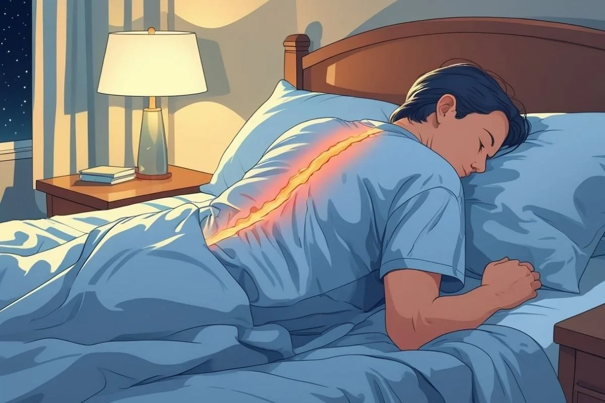 Person sleeping with highlighted upper spine discomfort, demonstrating how poor sleep posture can contribute to upper back pain
