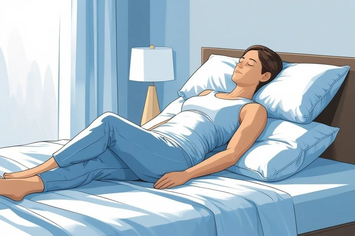 Sleeper resting on their back with pillows for support, illustrating a recommended sleeping position for upper back pain relief