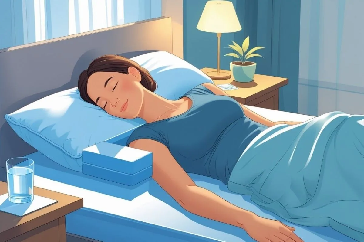Person sleeping comfortably with proper pillow placement, showing how supportive bedding can help ease upper back pain