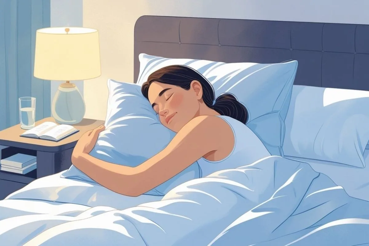 Side sleeper hugging a pillow while maintaining neck and shoulder alignment, demonstrating a sleep position that may reduce upper back strain