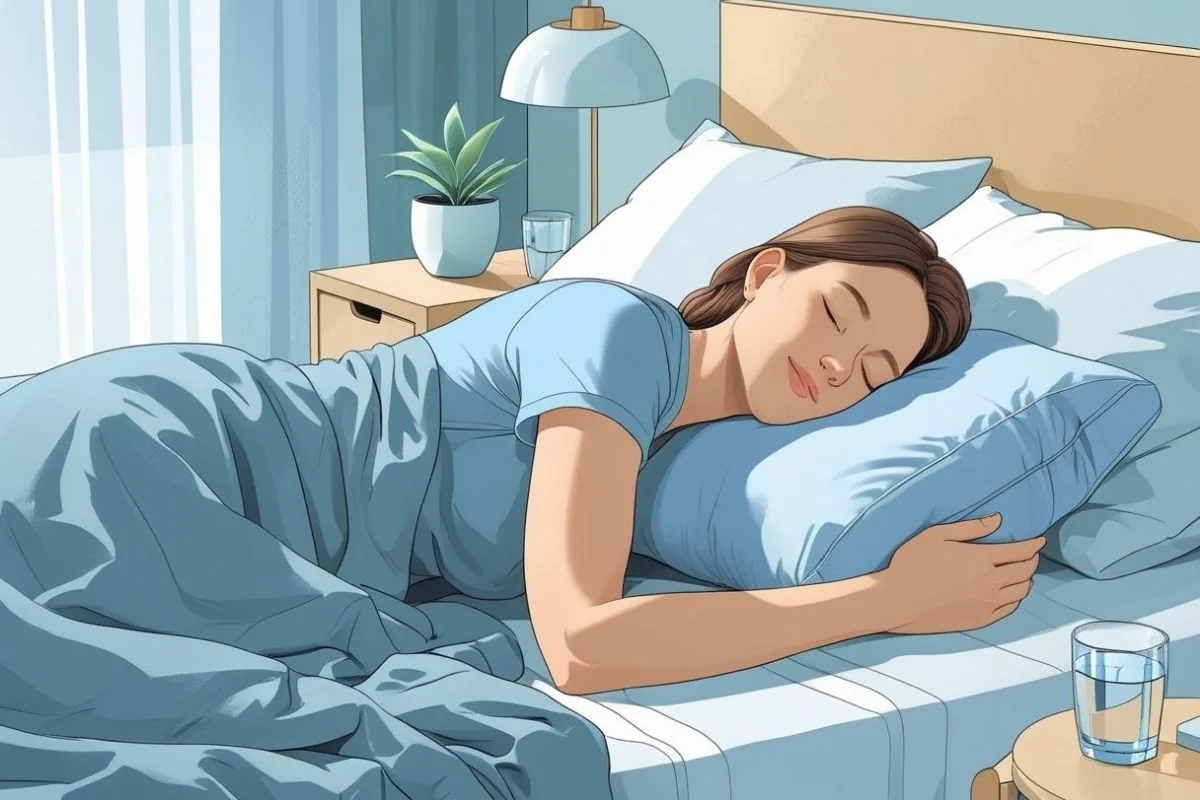 Woman sleeping on her side with a supportive pillow, illustrating healthy spinal alignment for people with upper back pain
