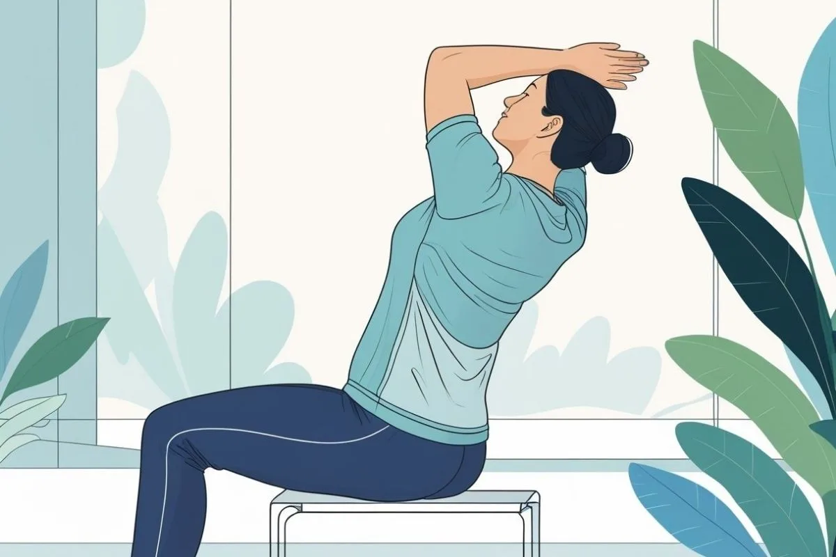 Person performing a seated upper back stretch, highlighting a simple mobility exercise that may help relieve upper back tension before bed