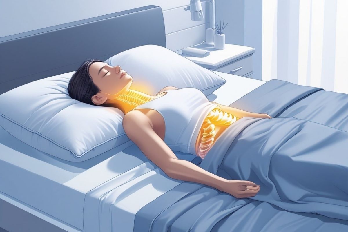 Illustration of a back sleeper with proper spinal alignment, showing how correct sleep posture can help reduce upper back pain