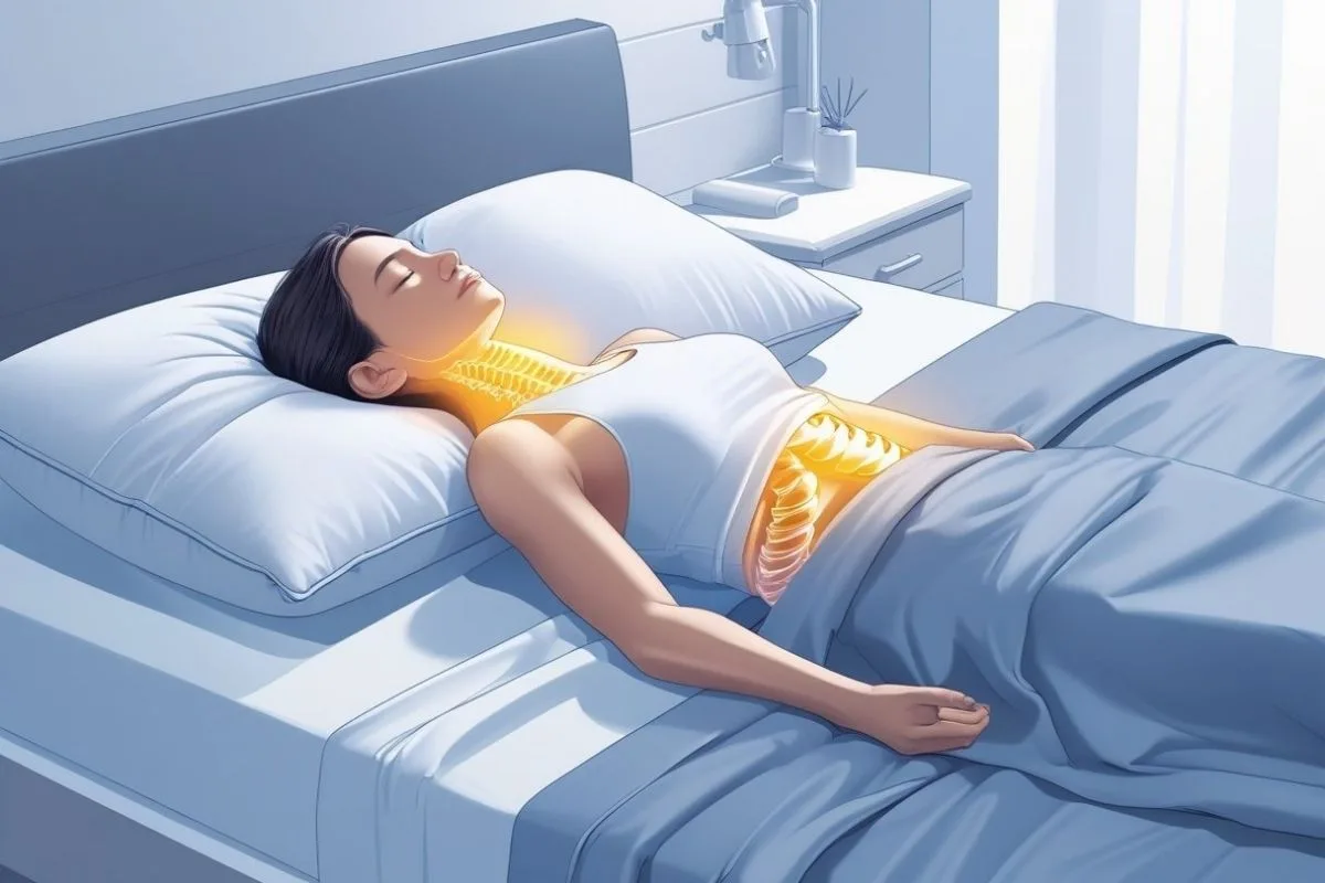 Illustration of a back sleeper with proper spinal alignment, showing how correct sleep posture can help reduce upper back pain