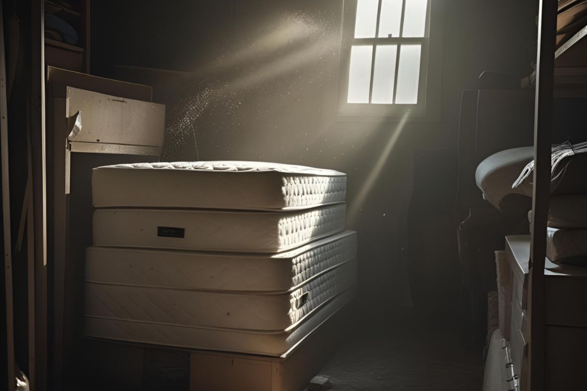 Dreamfoam Essential mattress beside its shipping box, illustrating the boxed mattress setup and return process customers can expect