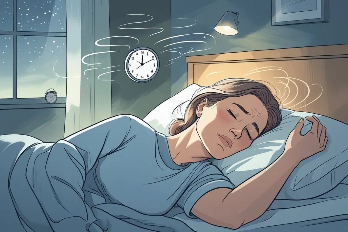 Menopause and Sleep: Tips for Restful Nights During Menopause Woman lying awake in bed with signs of restless sleep, highlighting common menopause-related sleep disturbances