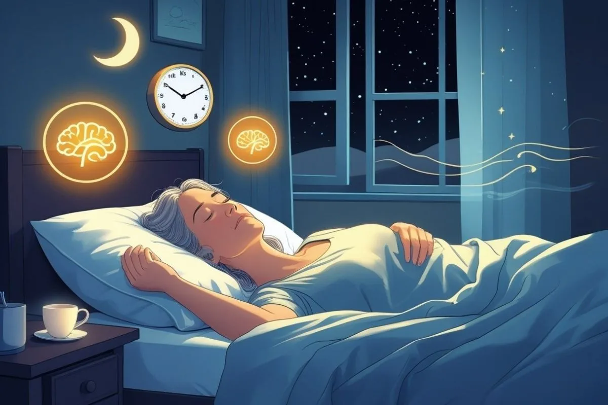 Menopause and Sleep: Tips for Restful Nights During Menopause Woman sleeping peacefully with calming brain and sleep icons, illustrating strategies for improving sleep quality during menopause