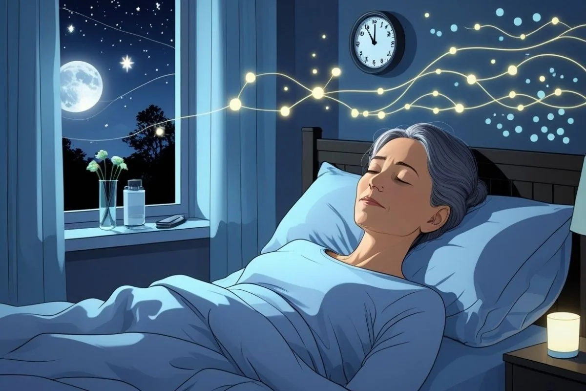 Menopause and Sleep: Tips for Restful Nights During Menopause Menopausal woman resting comfortably at night, representing healthy sleep habits and better sleep during menopause
